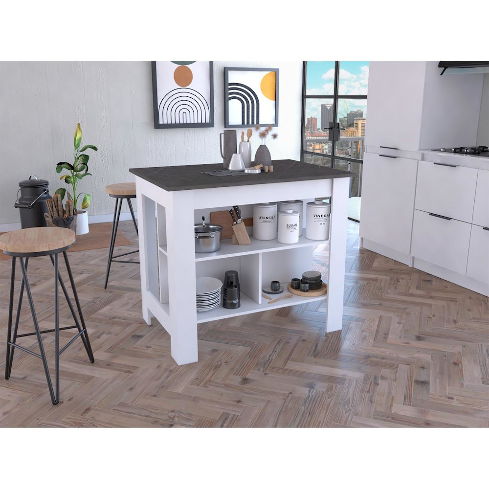 Cala Kitchen Island, Four Legs, Three Shelves White / Onyx. Picture 4