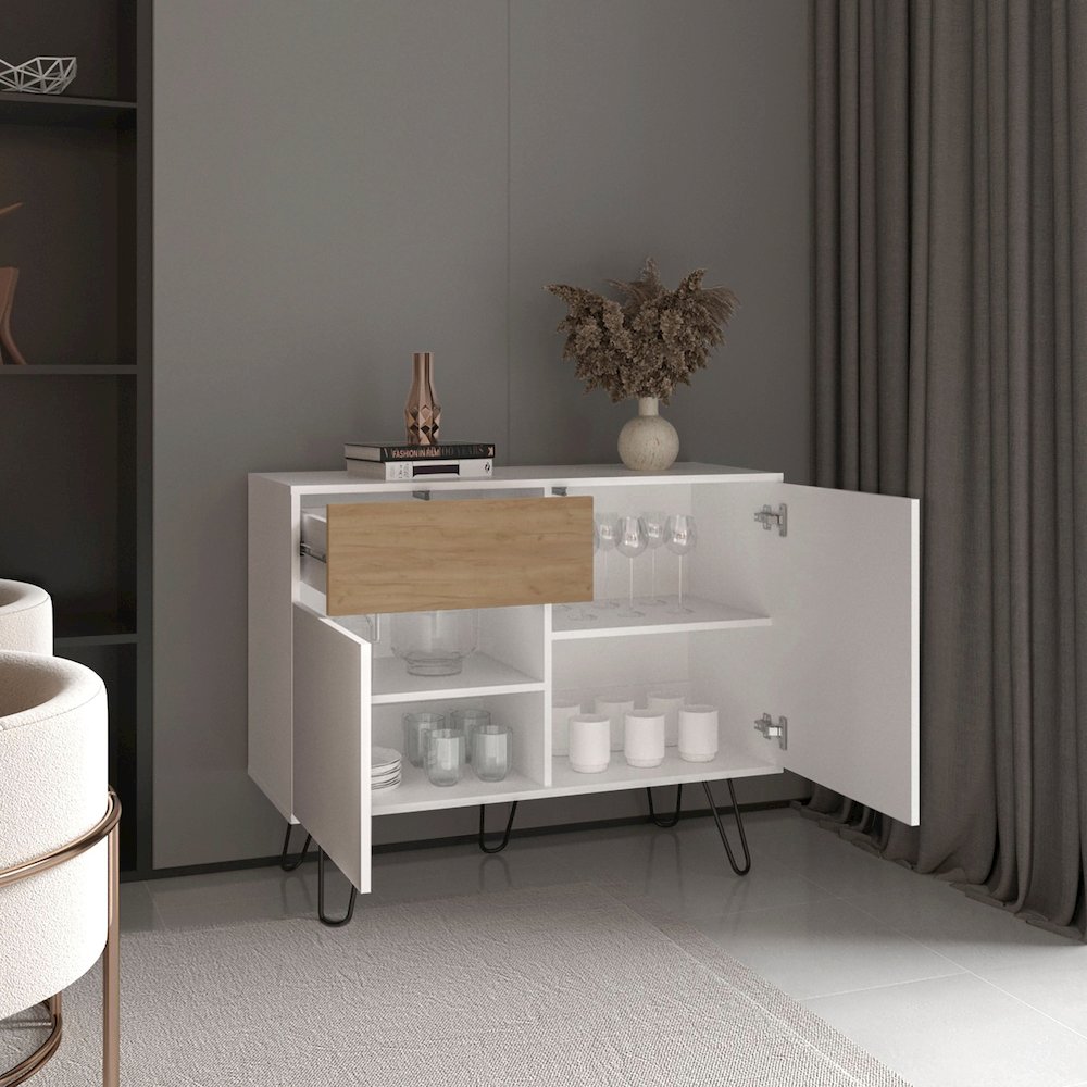 39" Wide Console Table With Two Cabinets, One Drawer and Four Shelves, White. Picture 5