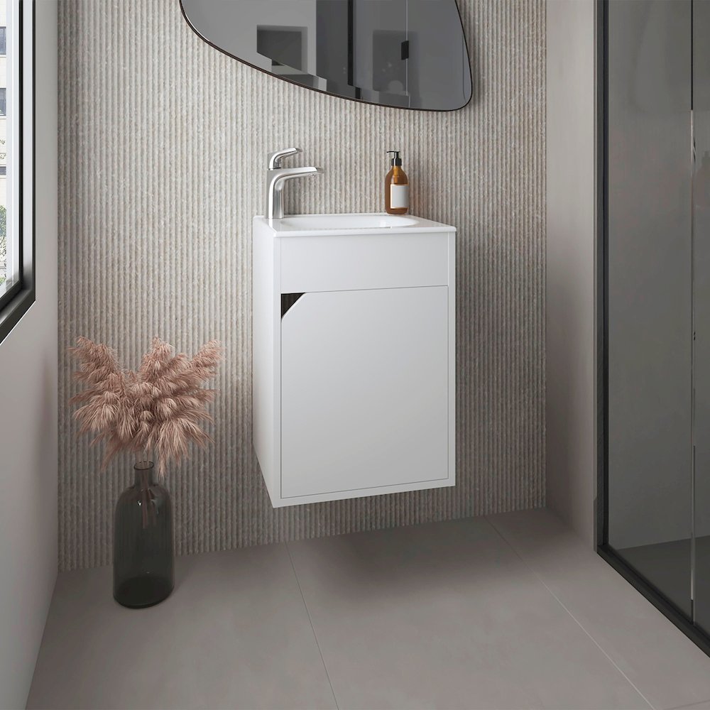 Bethel Floating Wide One-Door Vanity With Resin Sink And Two Shelves, White. Picture 4