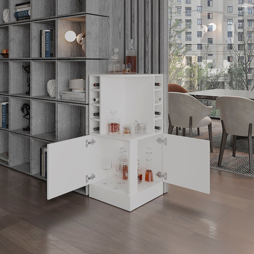 Jakes 42" Tall Corner Bar Cabinet White MDF. Picture 1