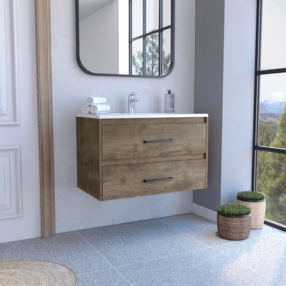 Praga Floating Vanity Sink Dark Brown / White MDF. Picture 3