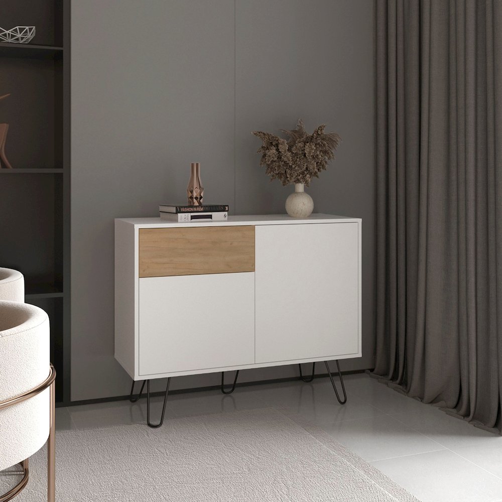 39" Wide Console Table With Two Cabinets, One Drawer and Four Shelves, White. Picture 4