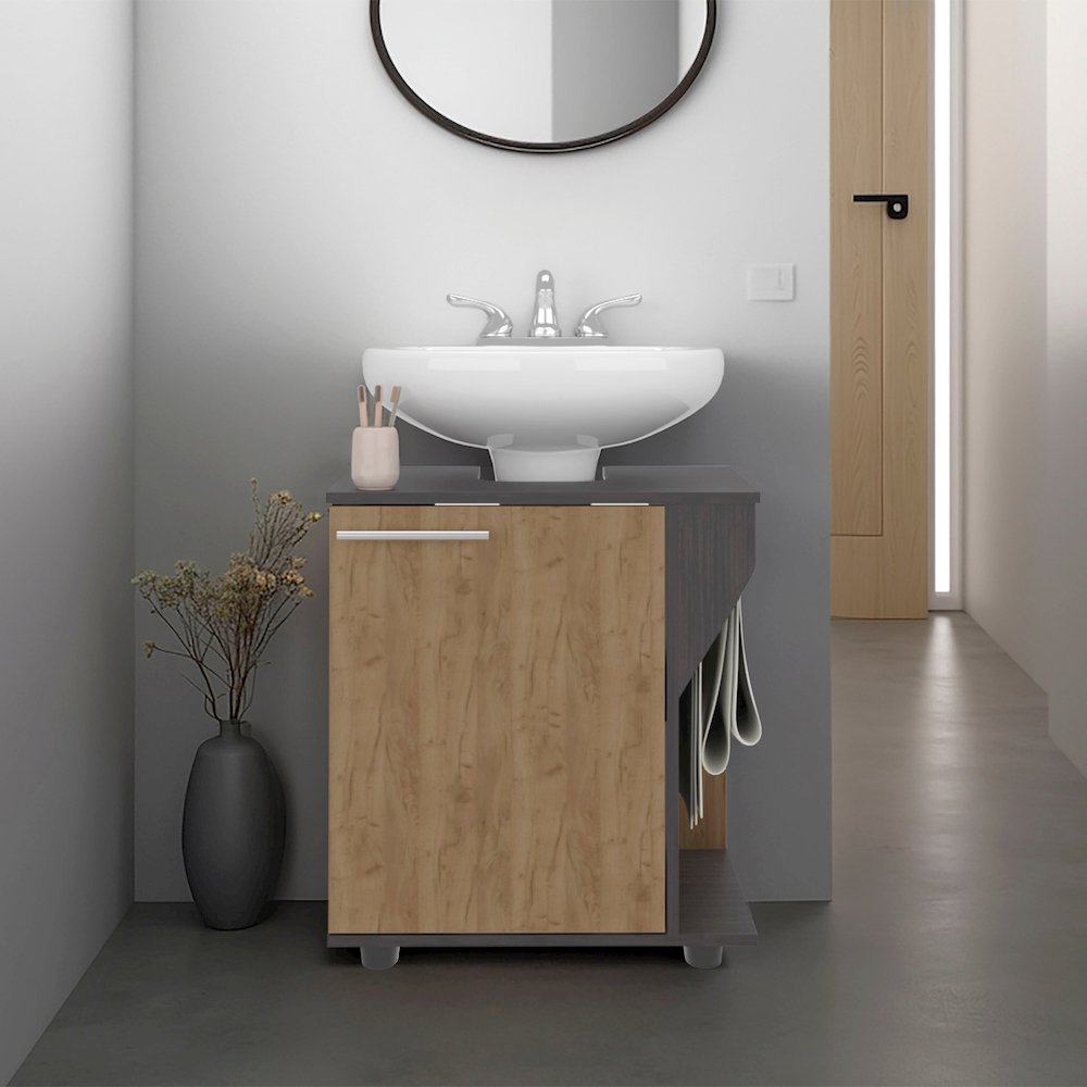 Under Sink Cabinet, Double Door Storage with Open Back, Black, Natural Oak. Picture 4