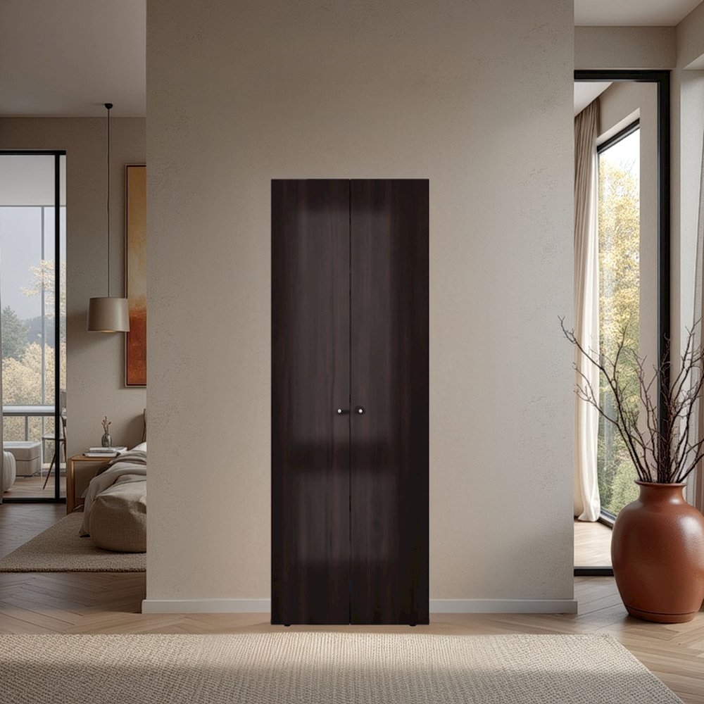 2 Doors Closet System Armoire, Hanging Rod and Storage Shelf, Stained Walnut. Picture 4