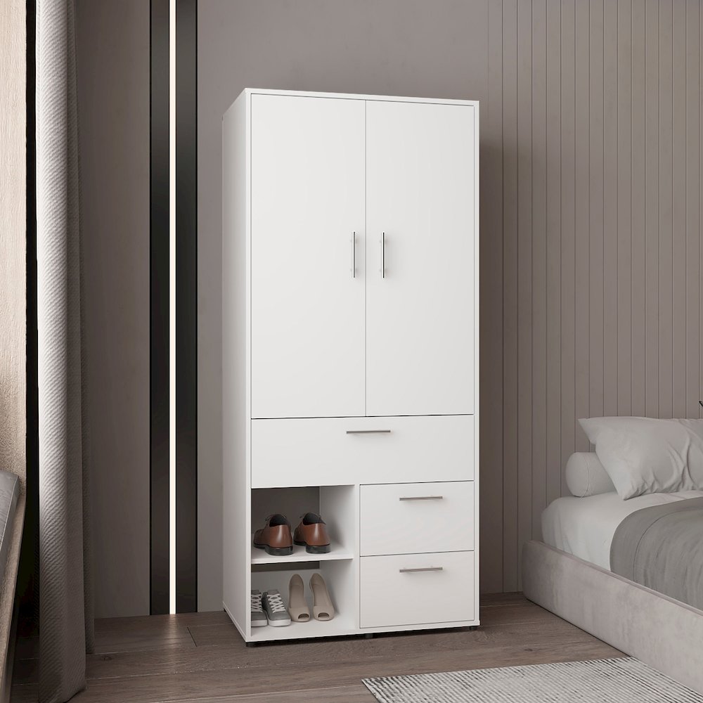 Armoire With Double Doors, Hanging Rod, Interior Shelves, White. Picture 3