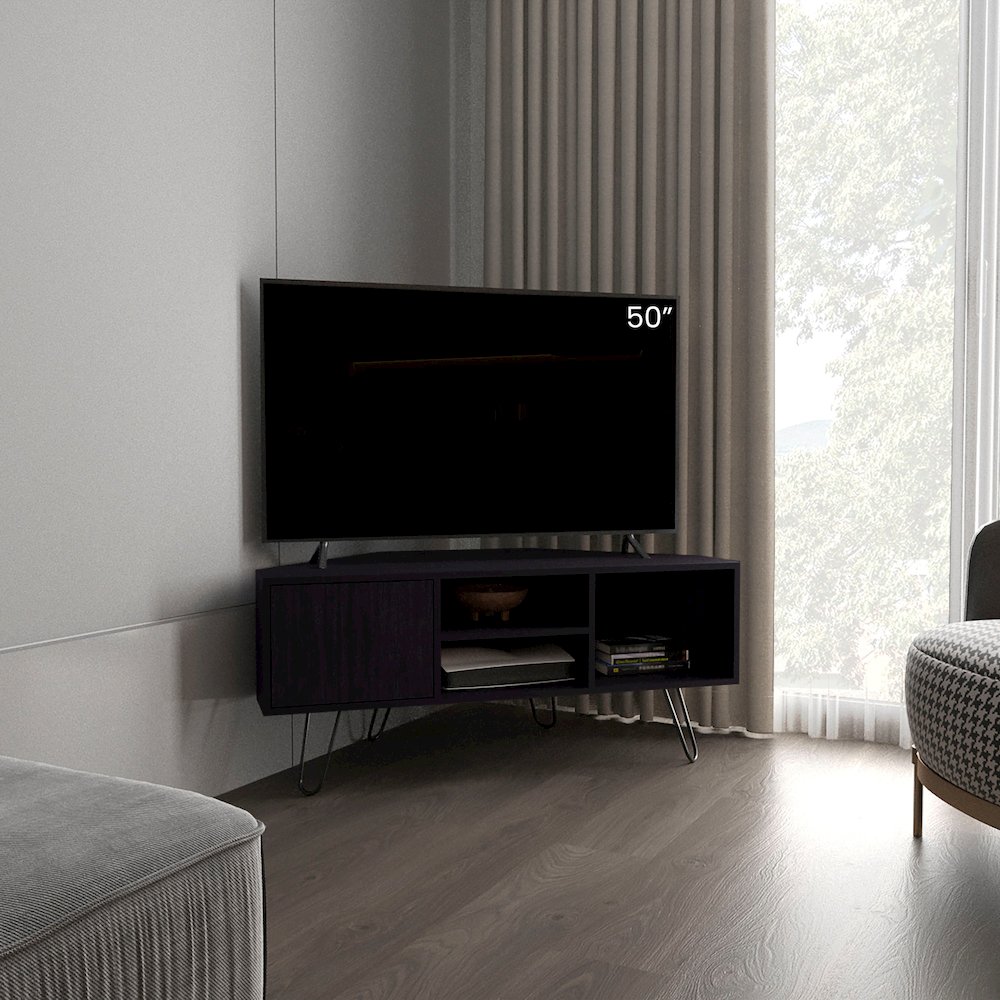 Lancaster Corner Tv Stand, With Two Shelves And Two Cabinets, Black. Picture 4