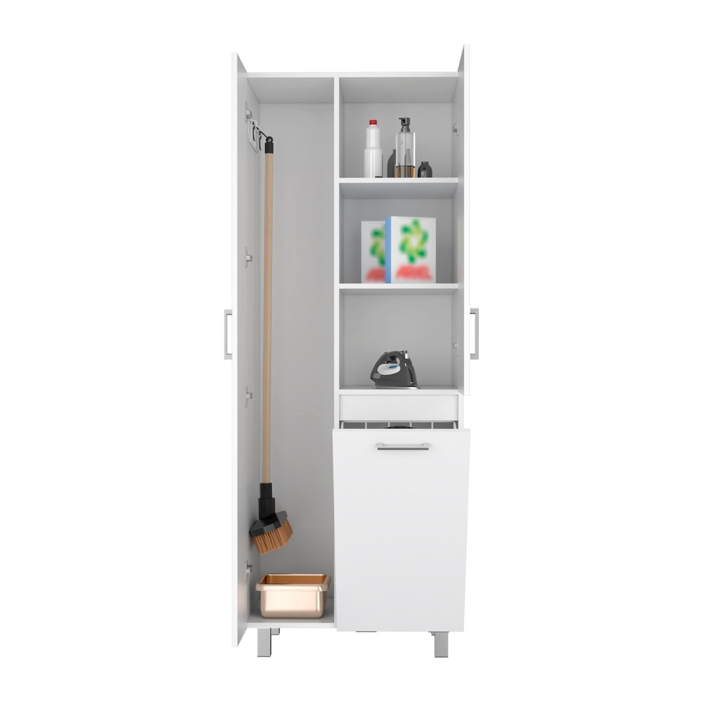 71" High Two-Door Broom Closet With Hamper , Four Shelves, Hangers, White. Picture 3