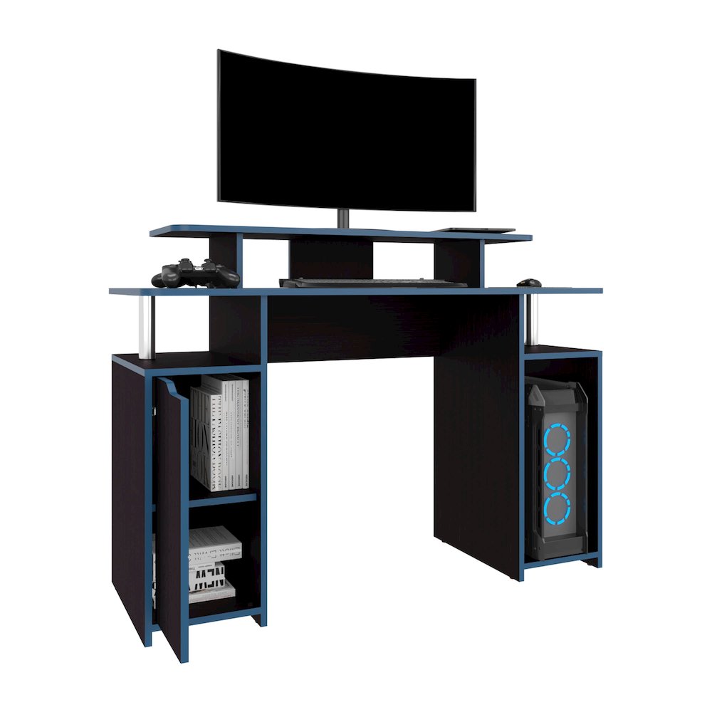 Keria 47" Wide 2-Tier Gamer Desk With Three Shelves And PC Tower Stand, Black. Picture 2