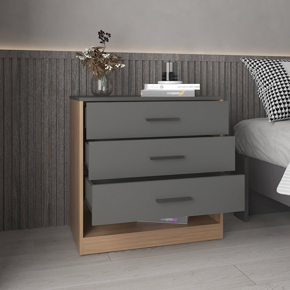 27" High Three Drawer Dresser And Open Shelf, Matte Gray - Natural Oak. Picture 1