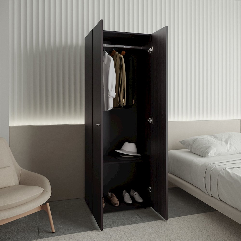 2 Doors Closet System Armoire, Hanging Rod and Storage Shelf, Armoire, Black. Picture 5