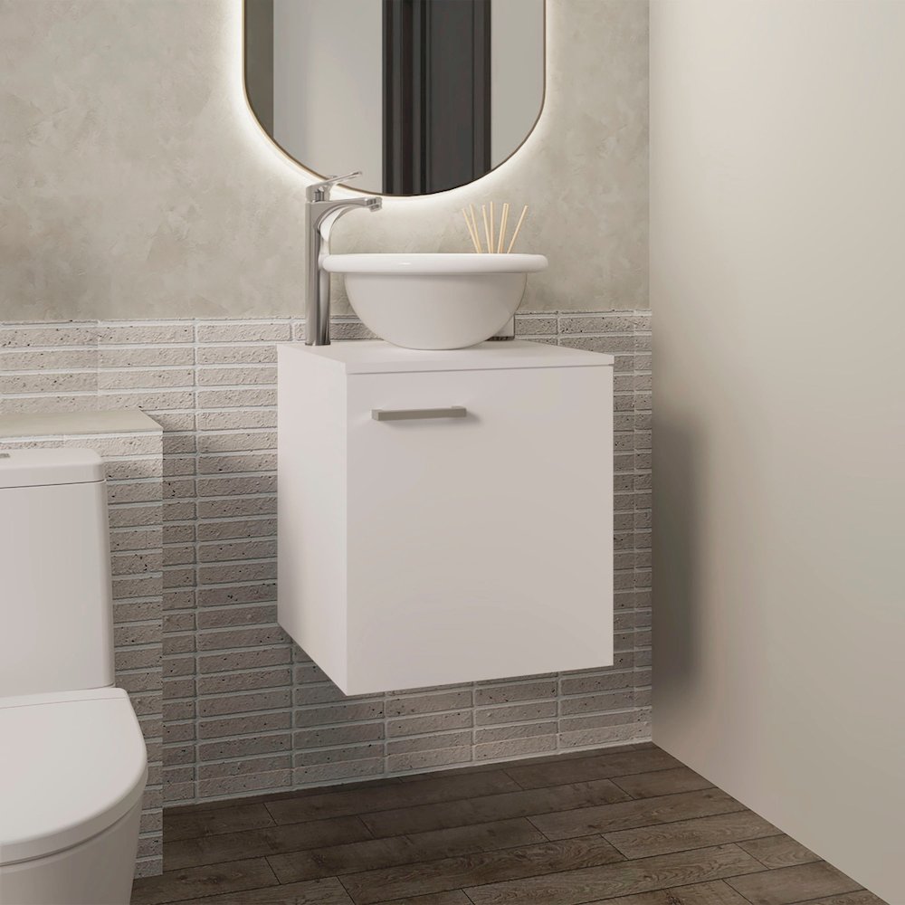 Floating,  Wide One-Door Cabinet Vanity, With Wessel Sink And One Shelf, White. Picture 4