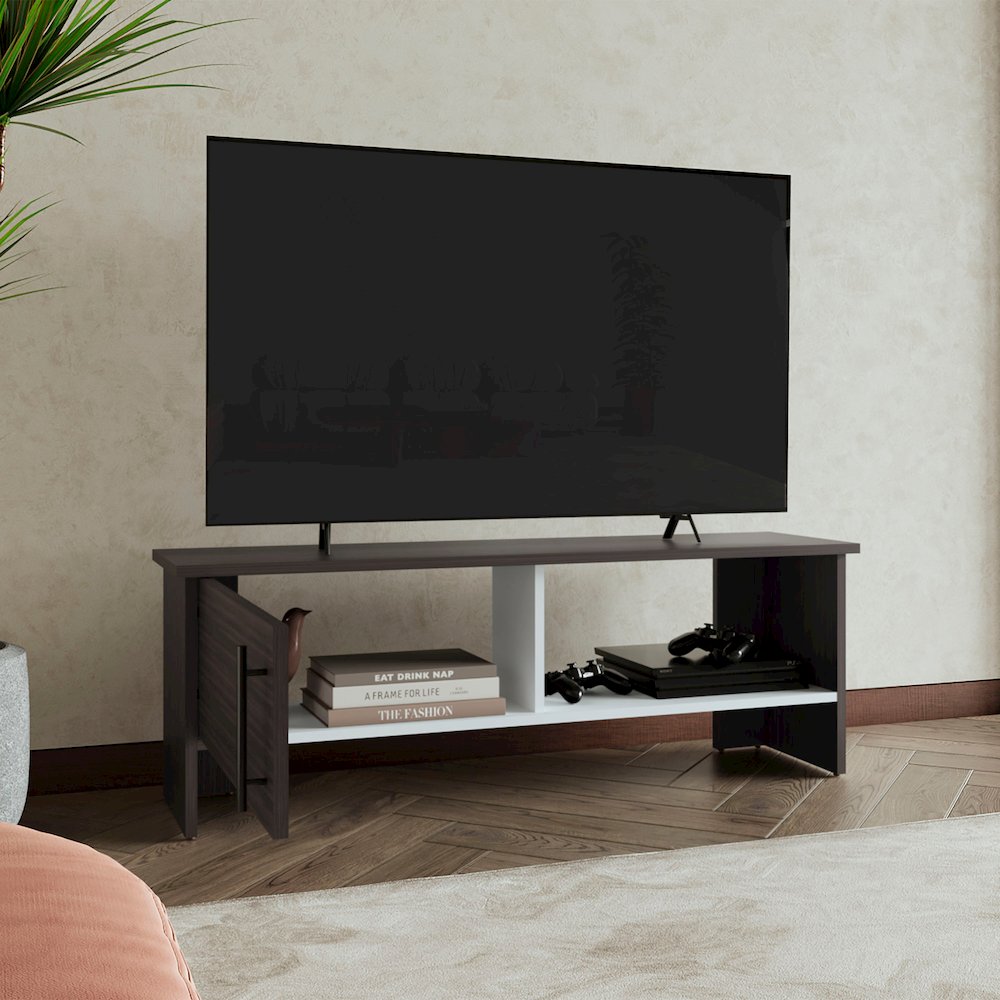 Navia One-Door TV Stand Dark Walnut - White MDF. Picture 4
