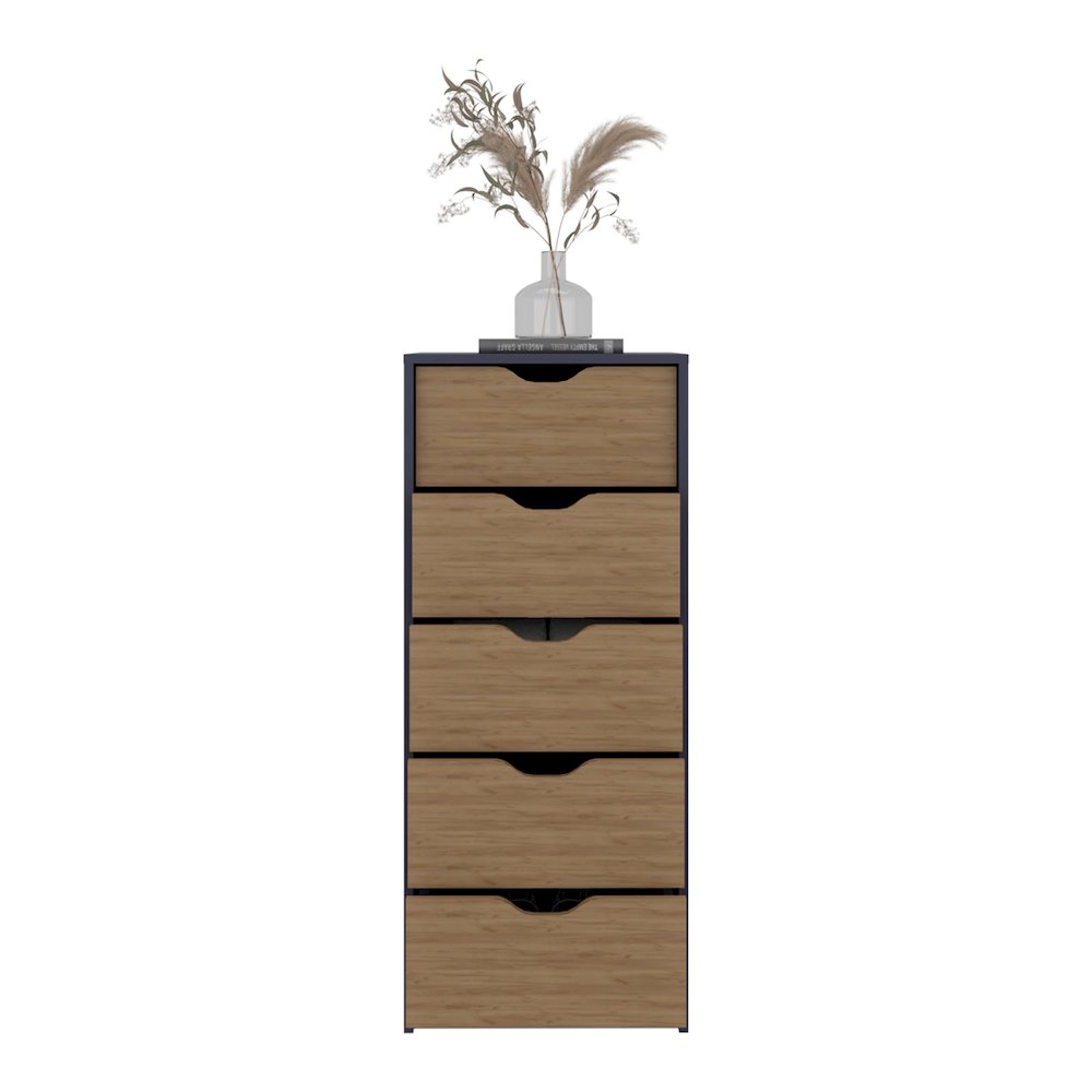 Basilea 5 Drawers Tall Dresser, Pull Out System, Blue Natural Oak. Picture 2
