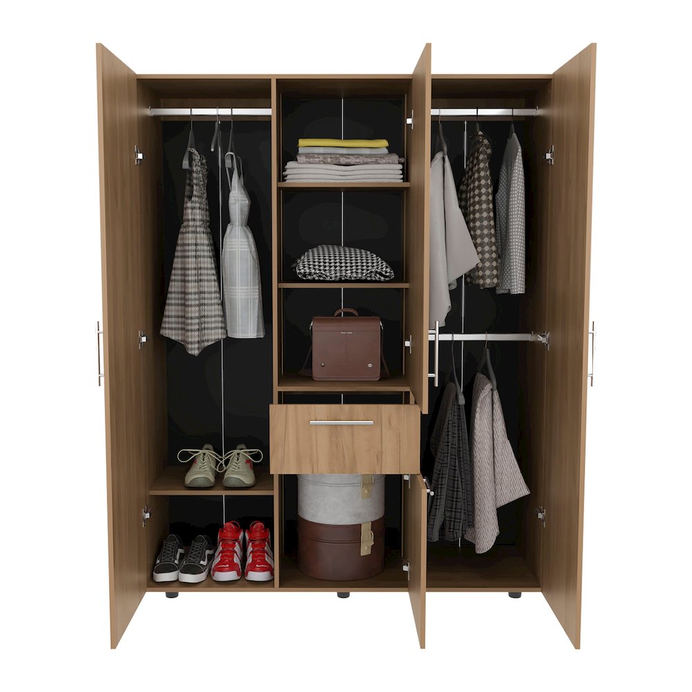 Four-Door, One Drawer Armoire With Three Hanging Rods, Seven Shelves,Natural Oak. Picture 5