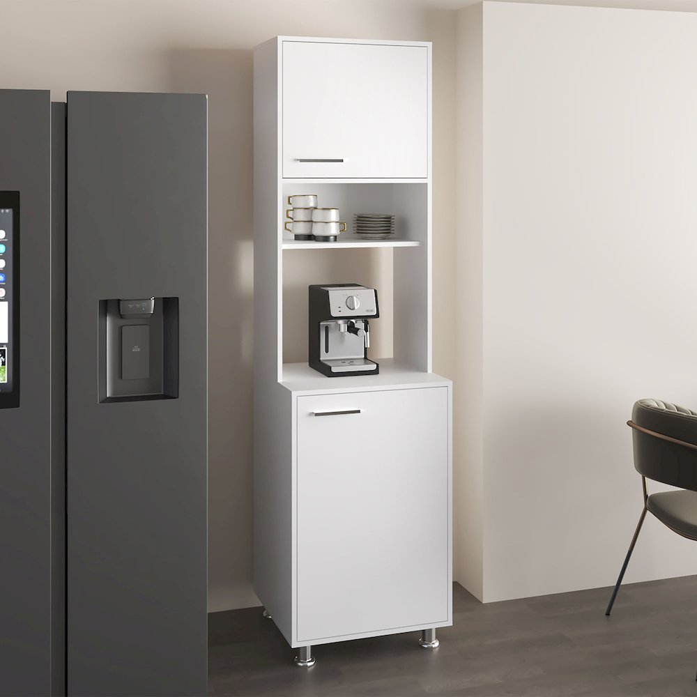 Kitchen Pantry Cabinet With Two Doors, Open Middle Shelf And Upper Storage,White. Picture 4