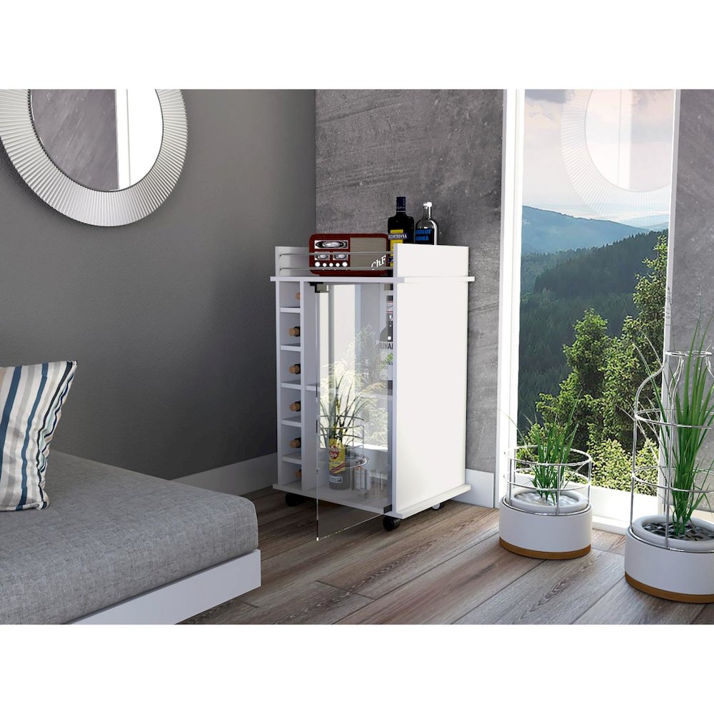 Dukat Bar Cart,Two Shelves, Six Built-In Wine Rack, Four Casters White. Picture 3