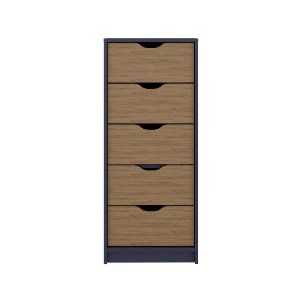 Basilea 5 Drawers Tall Dresser, Pull Out System, Blue Natural Oak. Picture 1