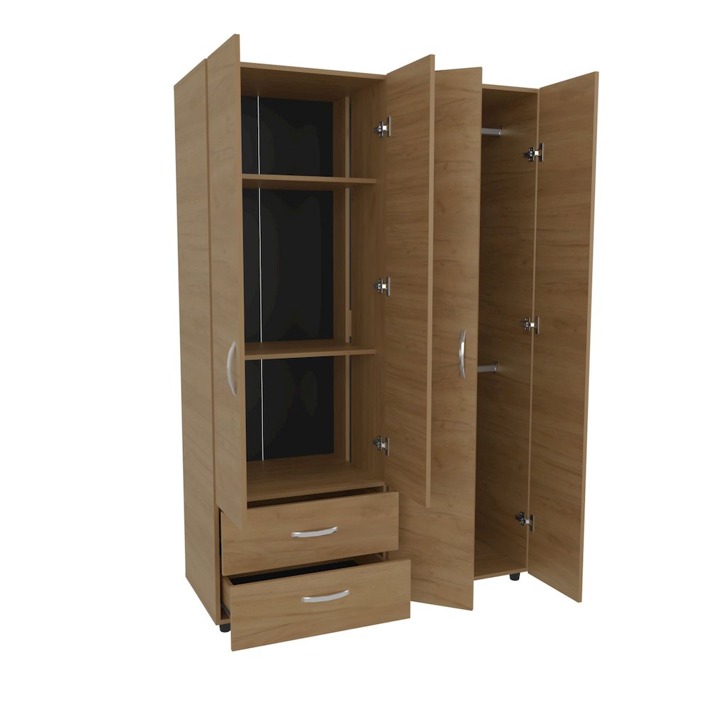 Armoire with 4 Doors, 2 Drawers, And 2 Hanging Rod, Storage Cabinet, Natural Oak. Picture 2