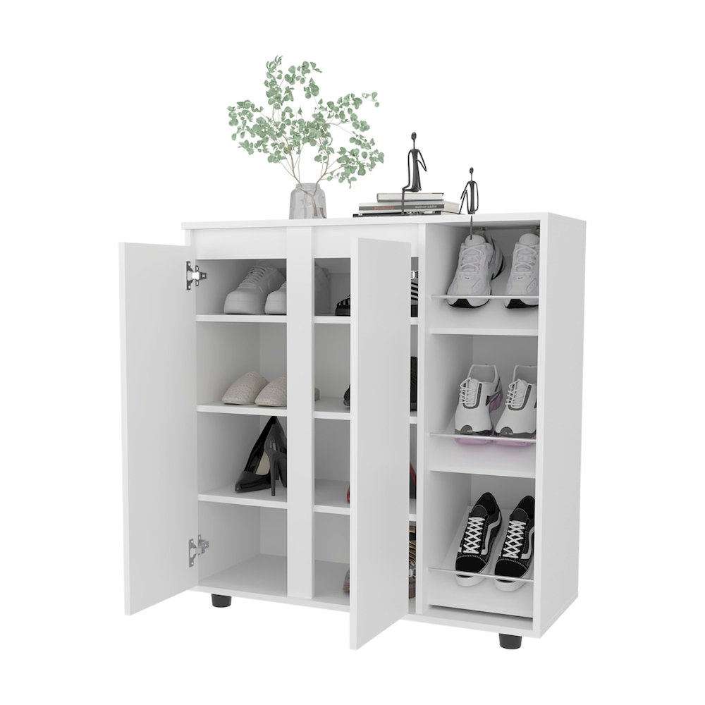 Shoe Rack with 3 Side Tiers, Compact Storage for Shoes, Boots, White. Picture 2