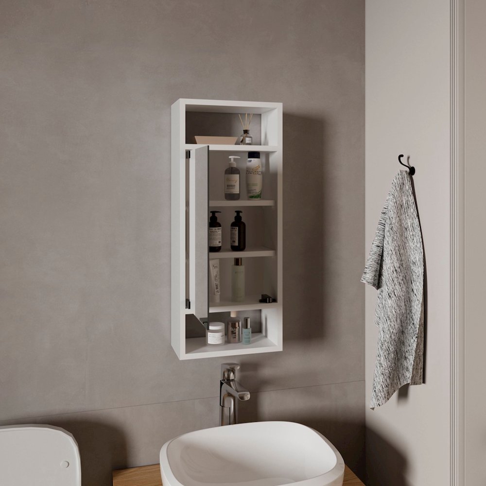 Wall-Mounted Mirror Medicine Cabinet, One Door, Interior Storage Shelves, White. Picture 5