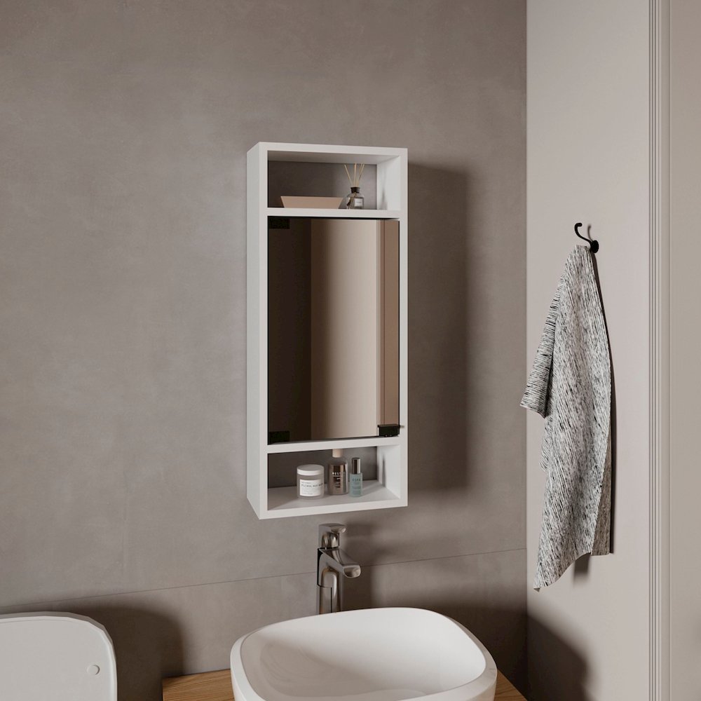 Wall-Mounted Mirror Medicine Cabinet, One Door, Interior Storage Shelves, White. Picture 4