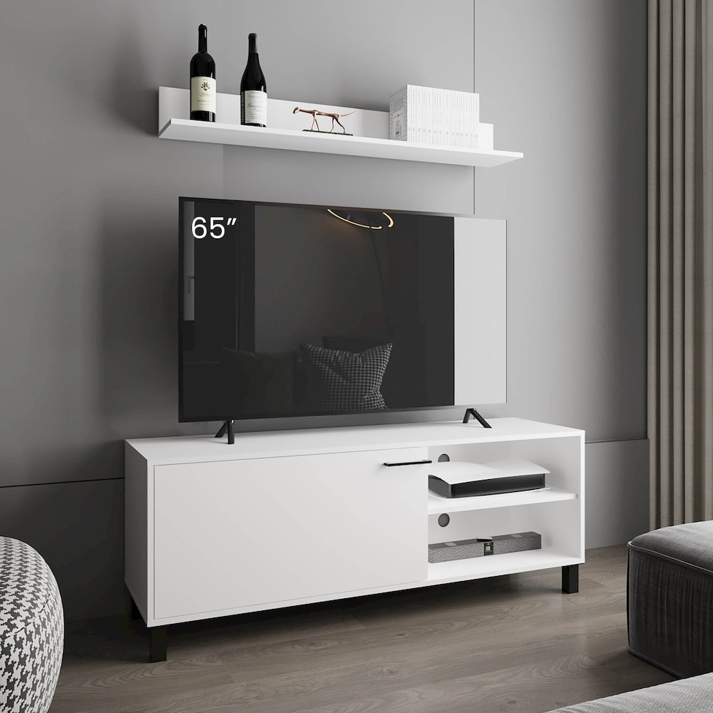 Tv Stand Two Doors, Open Shelves And Spacious Top Surface, White. Picture 4
