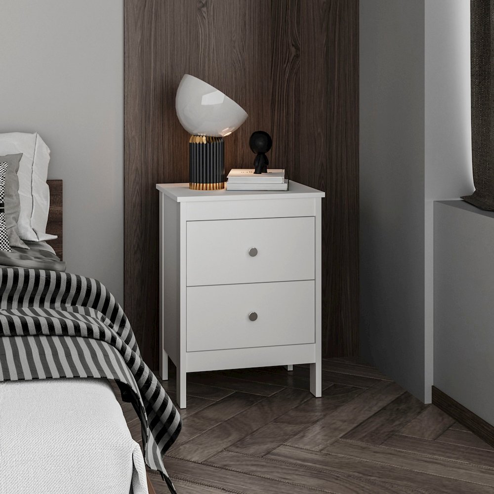 Newcastle Nightstand Two Drawer And Open Shelf, Modern Bedside Table, White. Picture 4