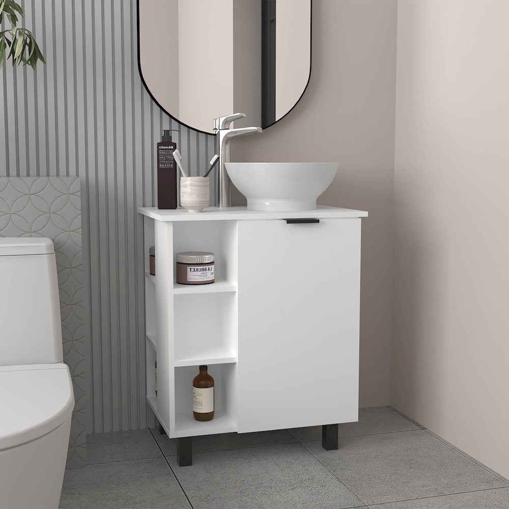 Floating  Vessel Sink Bathroom Vanity, Double Doors, And Storage Shelf, White. Picture 4
