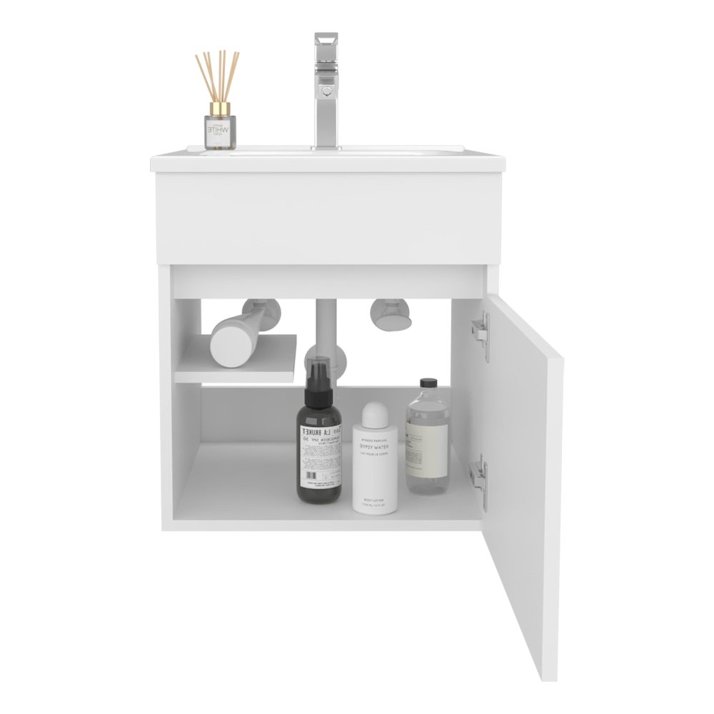 18" Wide Floating Bathroom Vanity, With One Cabinet And Two Shelves, White. Picture 2