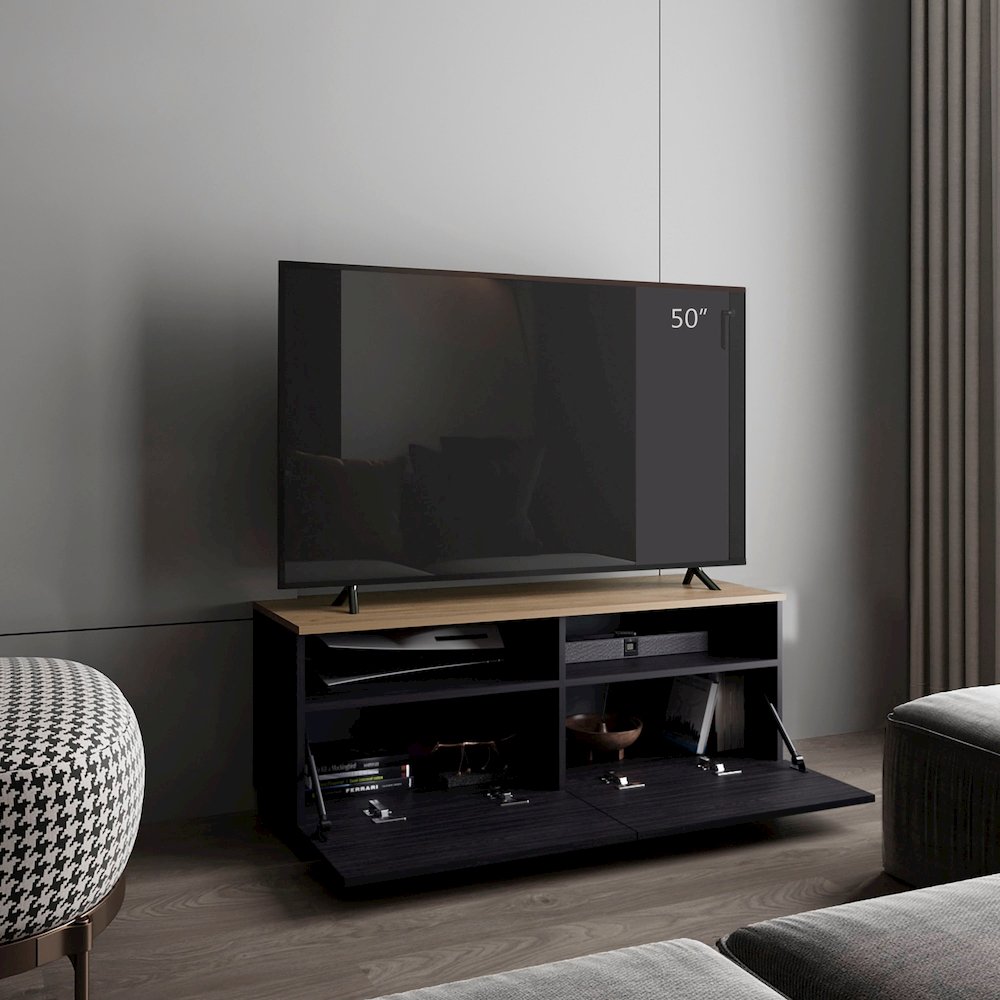 TV Stand with Open Shelves and Compact Profile, Black - Natural Oak. Picture 5