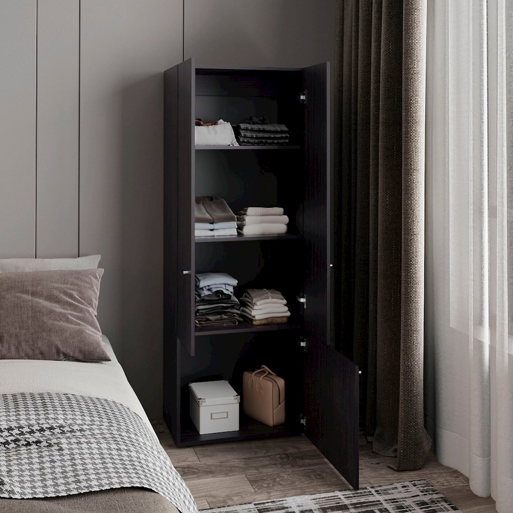 3 Door Closet System with Hanging Rod for clothes and interior Shelves, Black. Picture 5