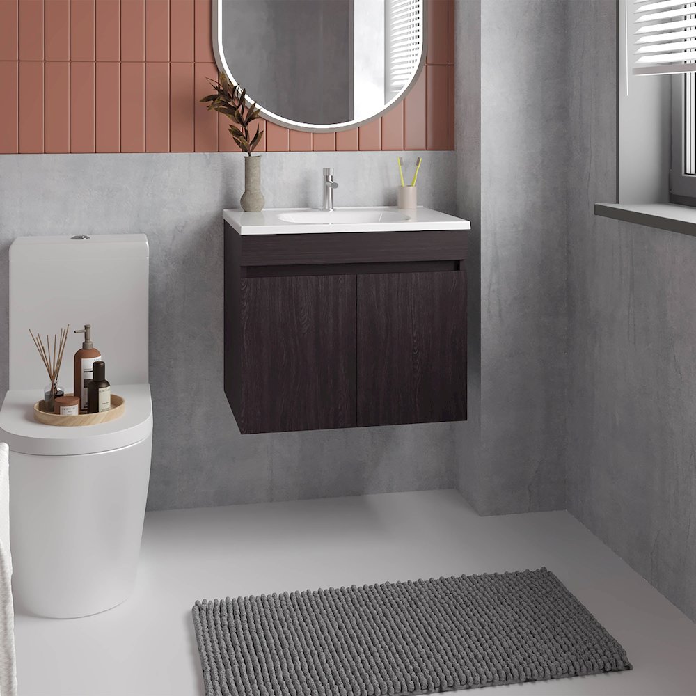 Chaux Floating, Wide Double Door Vanity, With Resin Sink And Two Shelves, Black. Picture 4