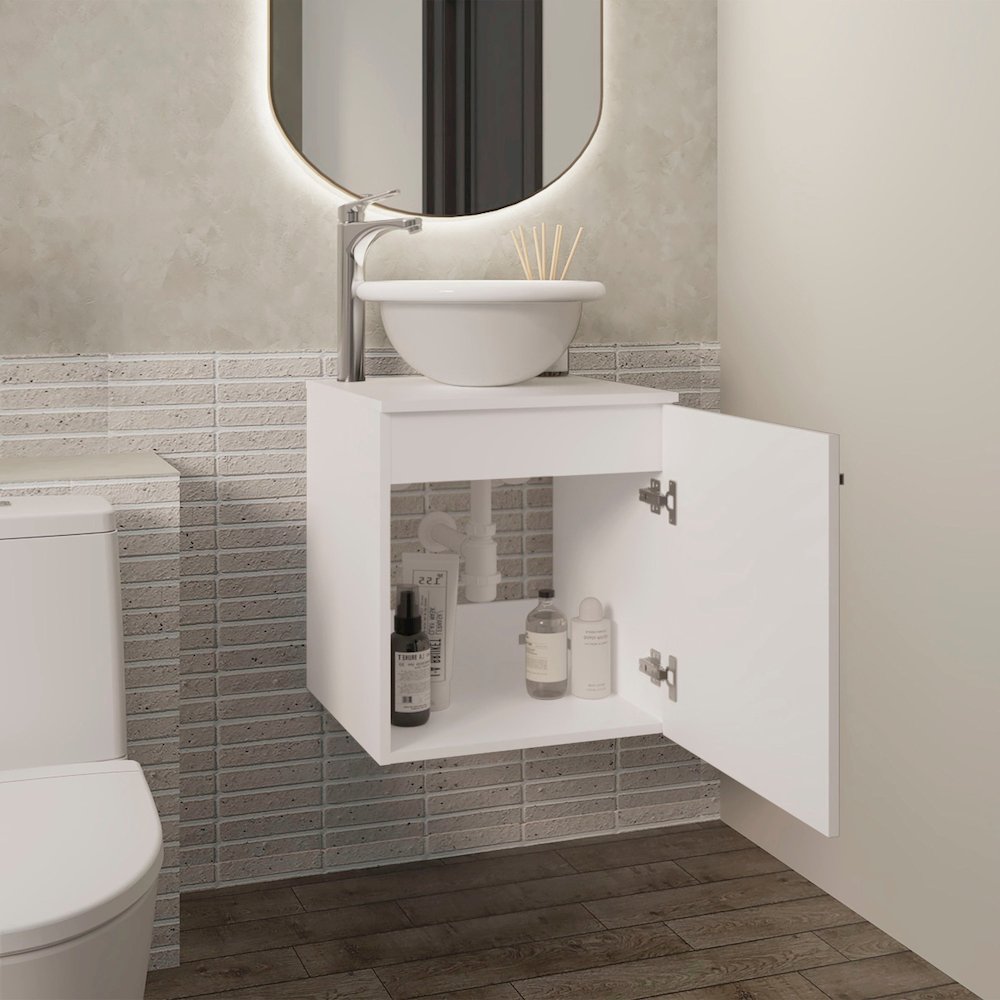 Floating,  Wide One-Door Cabinet Vanity, With Wessel Sink And One Shelf, White. Picture 5