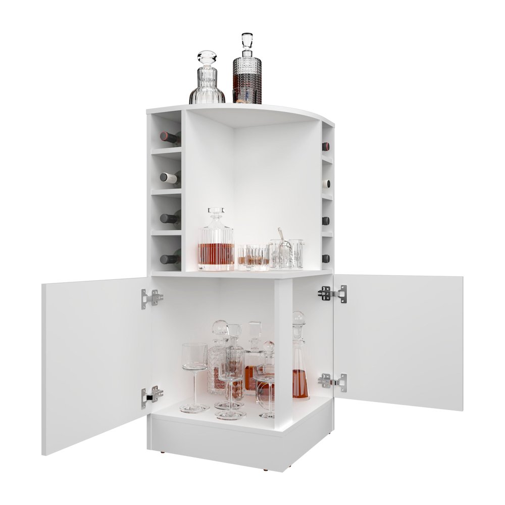 Jakes 42" Tall Corner Bar Cabinet White MDF. Picture 2