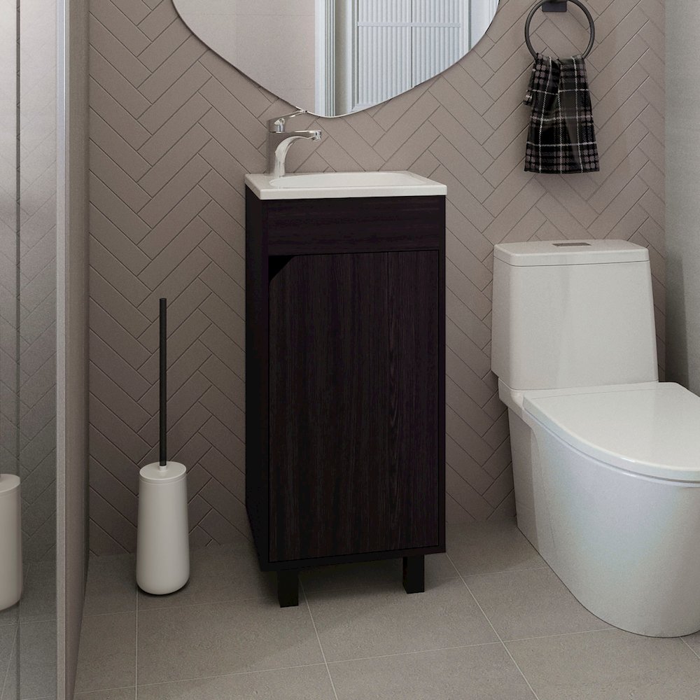 Wide One-Door Cabinet, Free Standing Vanity With Resin Sink, Two Shelves, Black. Picture 4