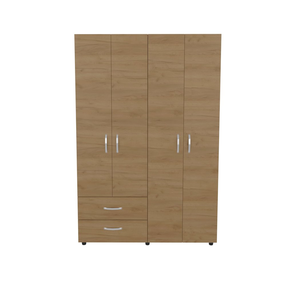Armoire with 4 Doors, 2 Drawers, And 2 Hanging Rod, Storage Cabinet, Natural Oak. Picture 1