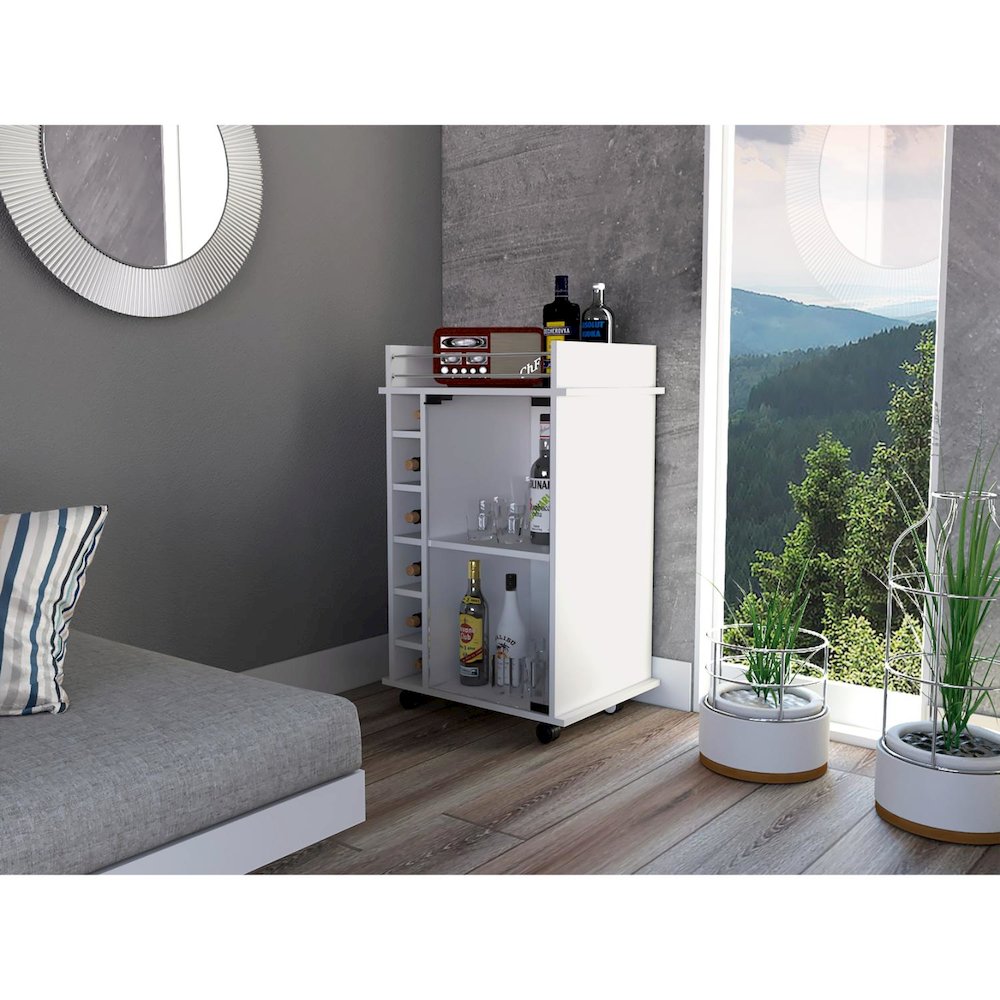 Dukat Bar Cart,Two Shelves, Six Built-In Wine Rack, Four Casters White. Picture 4