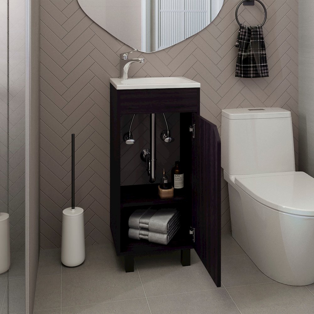 Wide One-Door Cabinet, Free Standing Vanity With Resin Sink, Two Shelves, Black. Picture 5