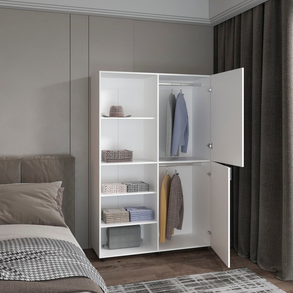 High Two Door Freestanding Armoire With Hanging Rod And Interior Shelves, White. Picture 5