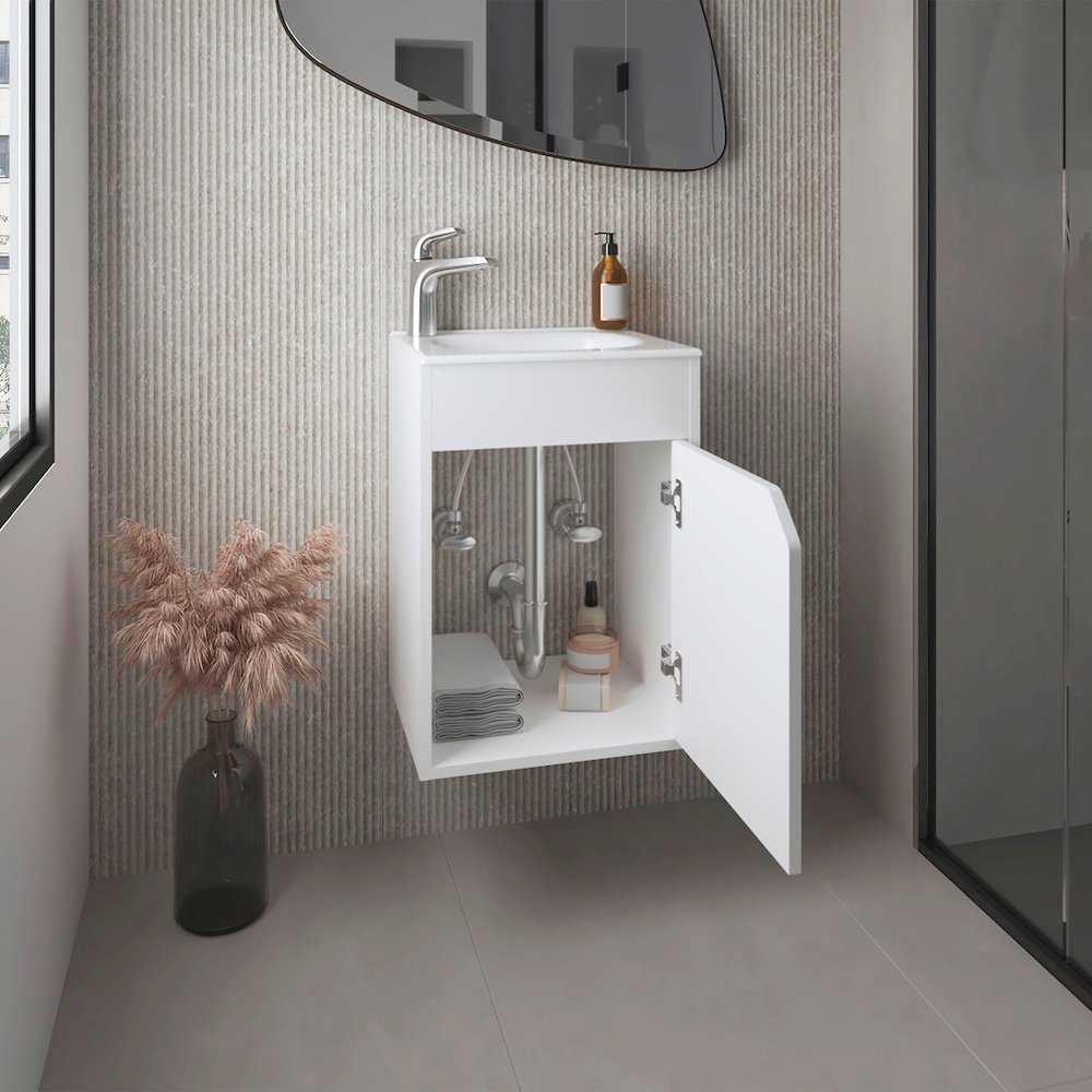Bethel Floating Wide One-Door Vanity With Resin Sink And Two Shelves, White. Picture 5