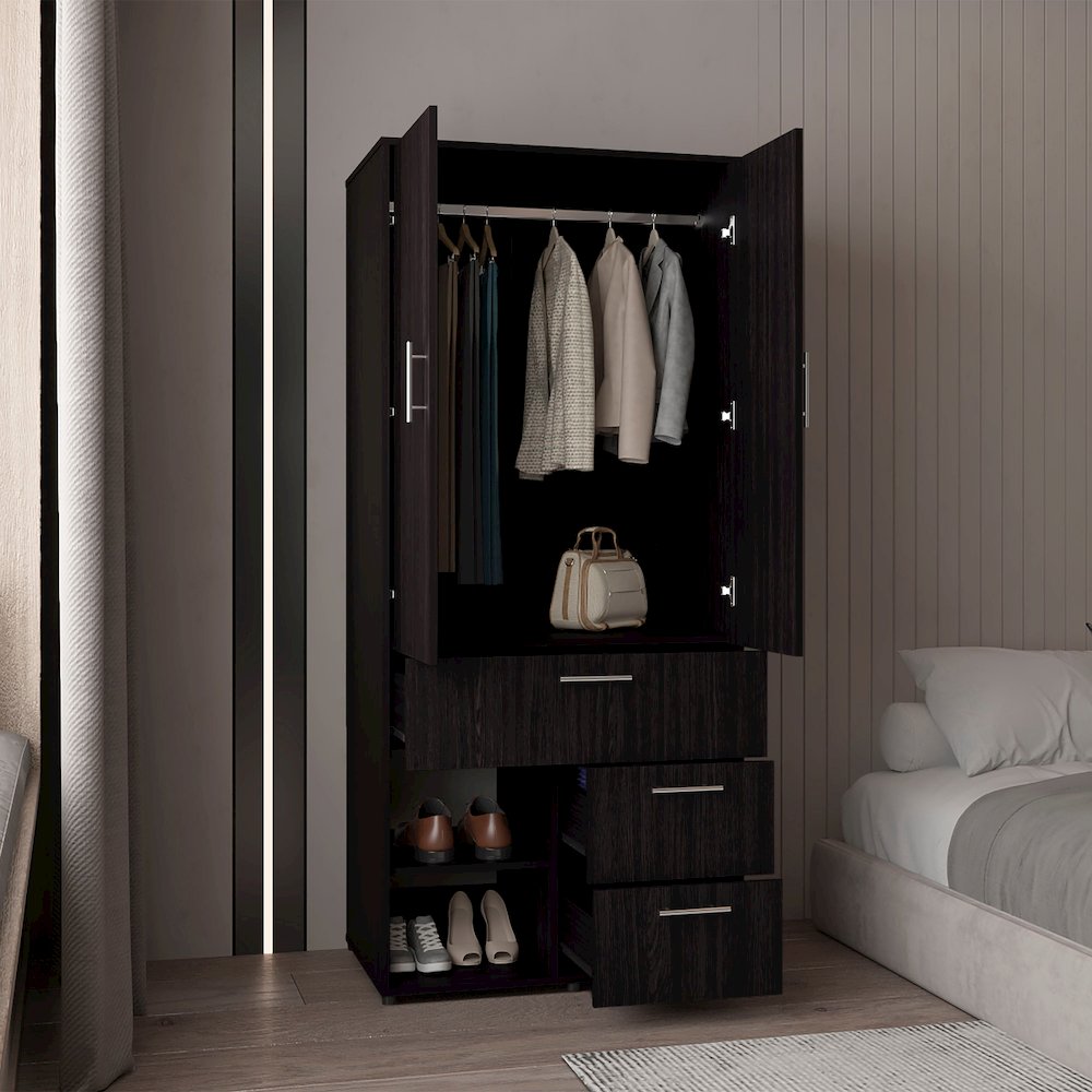 Alpine Armoire With Double Doors, Internal Shelves And Hanging Rod, Black. Picture 2