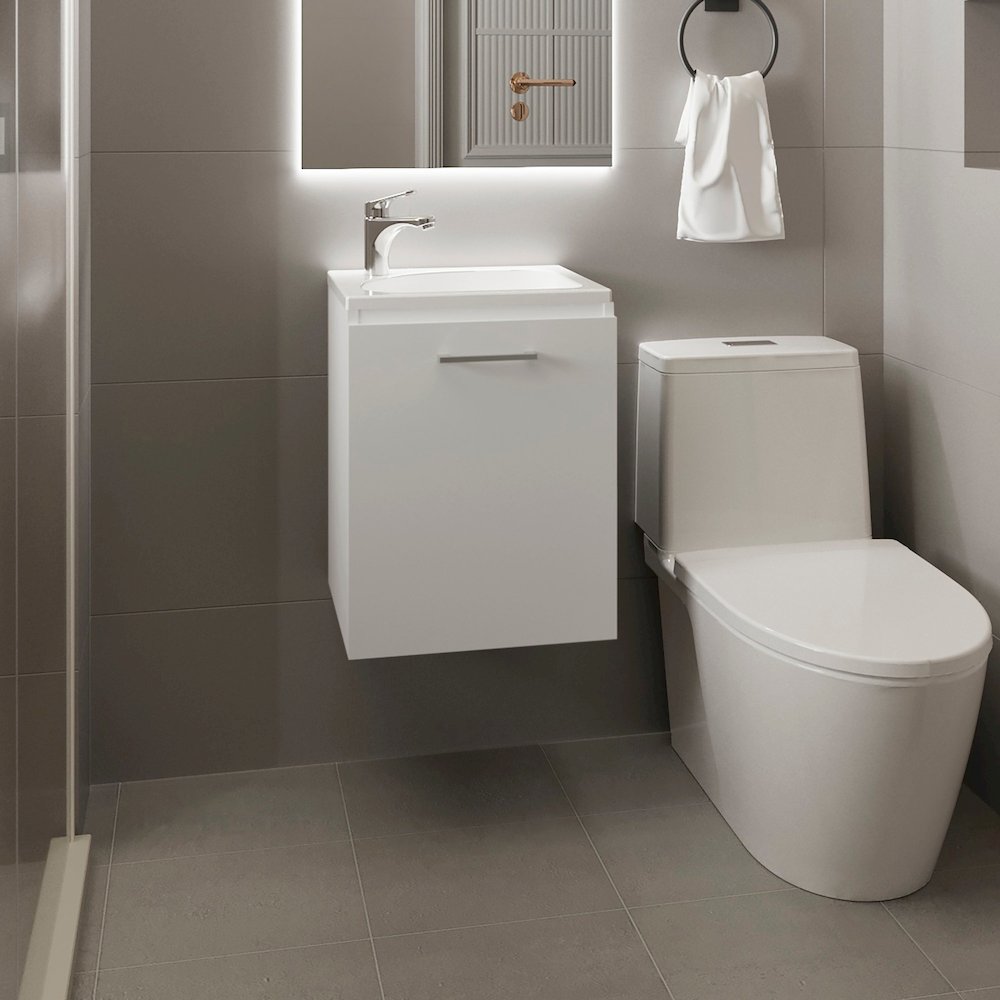 Floating, Wide One-Door Cabinet Vanity, With Resin Sink And One Shelf, White. Picture 4