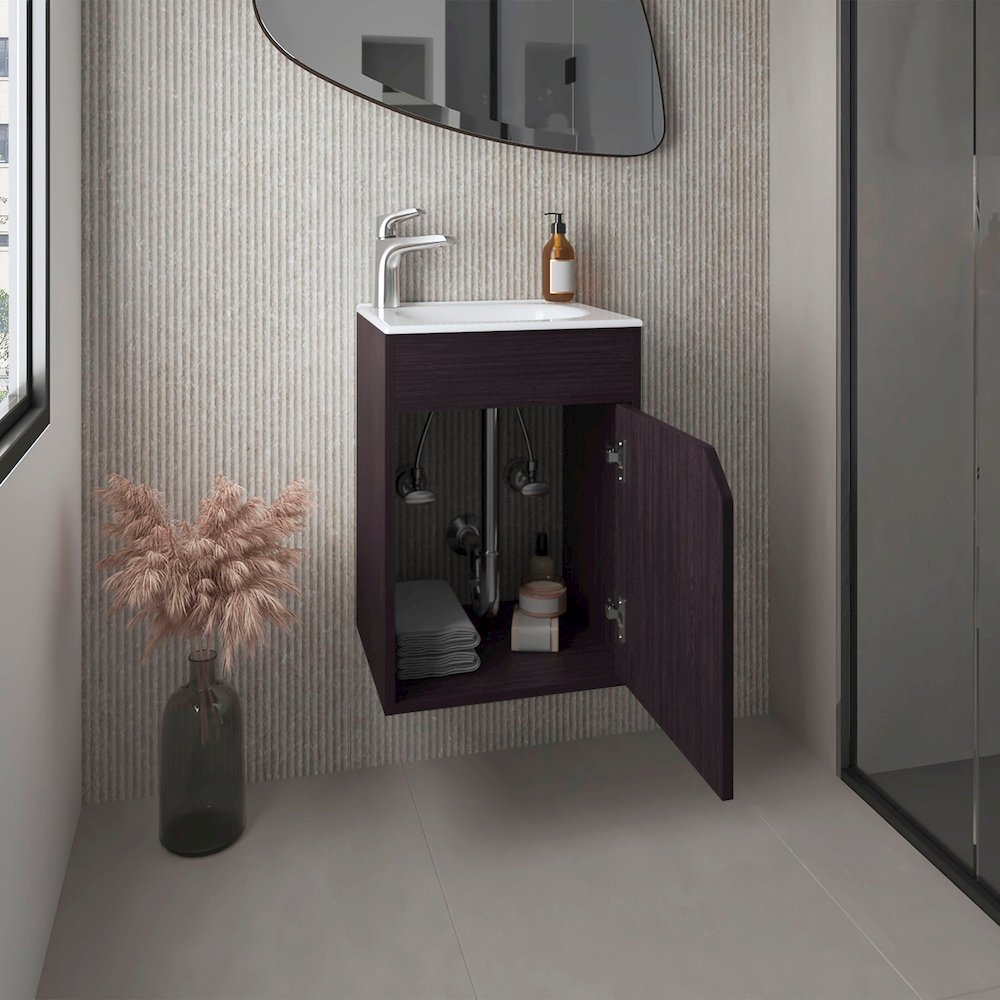 Bethel Floating Wide One-Door Vanity With Resin Sink And Two Shelves, Black. Picture 4