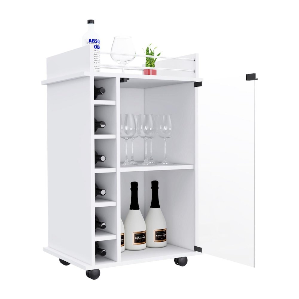 Dukat Bar Cart,Two Shelves, Six Built-In Wine Rack, Four Casters White. Picture 2