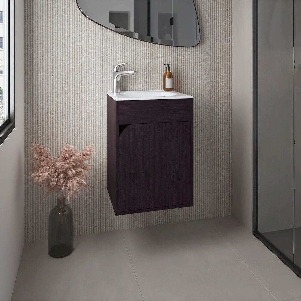 Bethel Floating Wide One-Door Vanity With Resin Sink And Two Shelves, Black. Picture 5