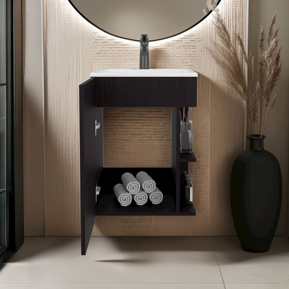 Standing Bathroom Vanity With One Door Cabinet And Open Shelf, Black. Picture 5