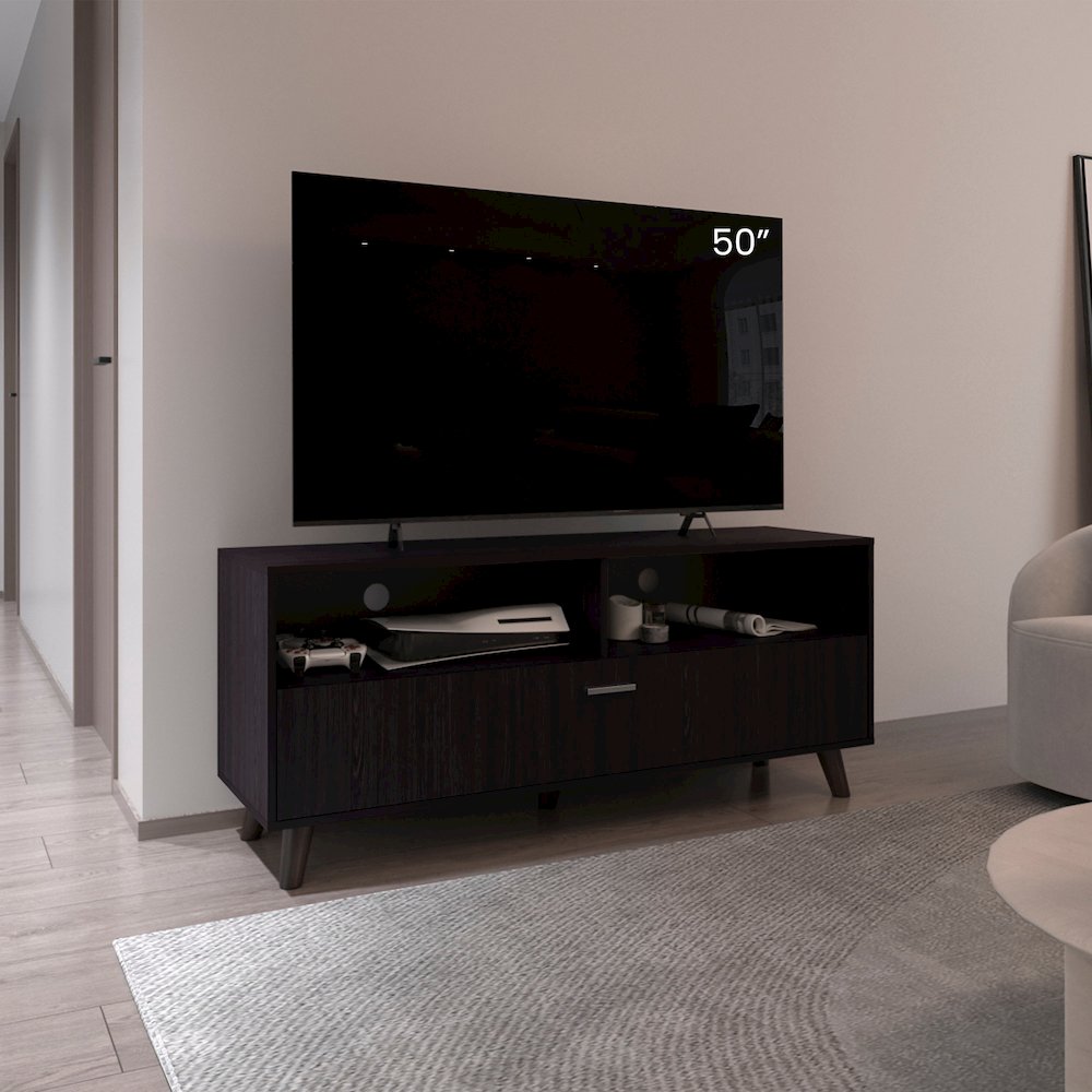 Tv Stand With 2 Doors And Open Storage Shelves, Entertainment Center, Black. Picture 4