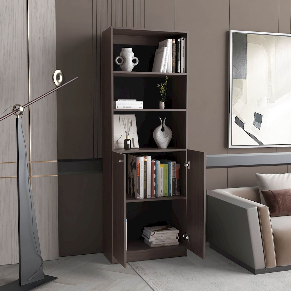 2 Door Bookcase Cronos, 2 Open Shelves And Concealed Storage, Stained Walnut. Picture 5