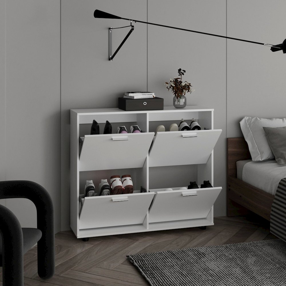 Opal 4-Door Shoe Rack Cabinet With Multiple Shelves, Footwear Storage, White. Picture 5