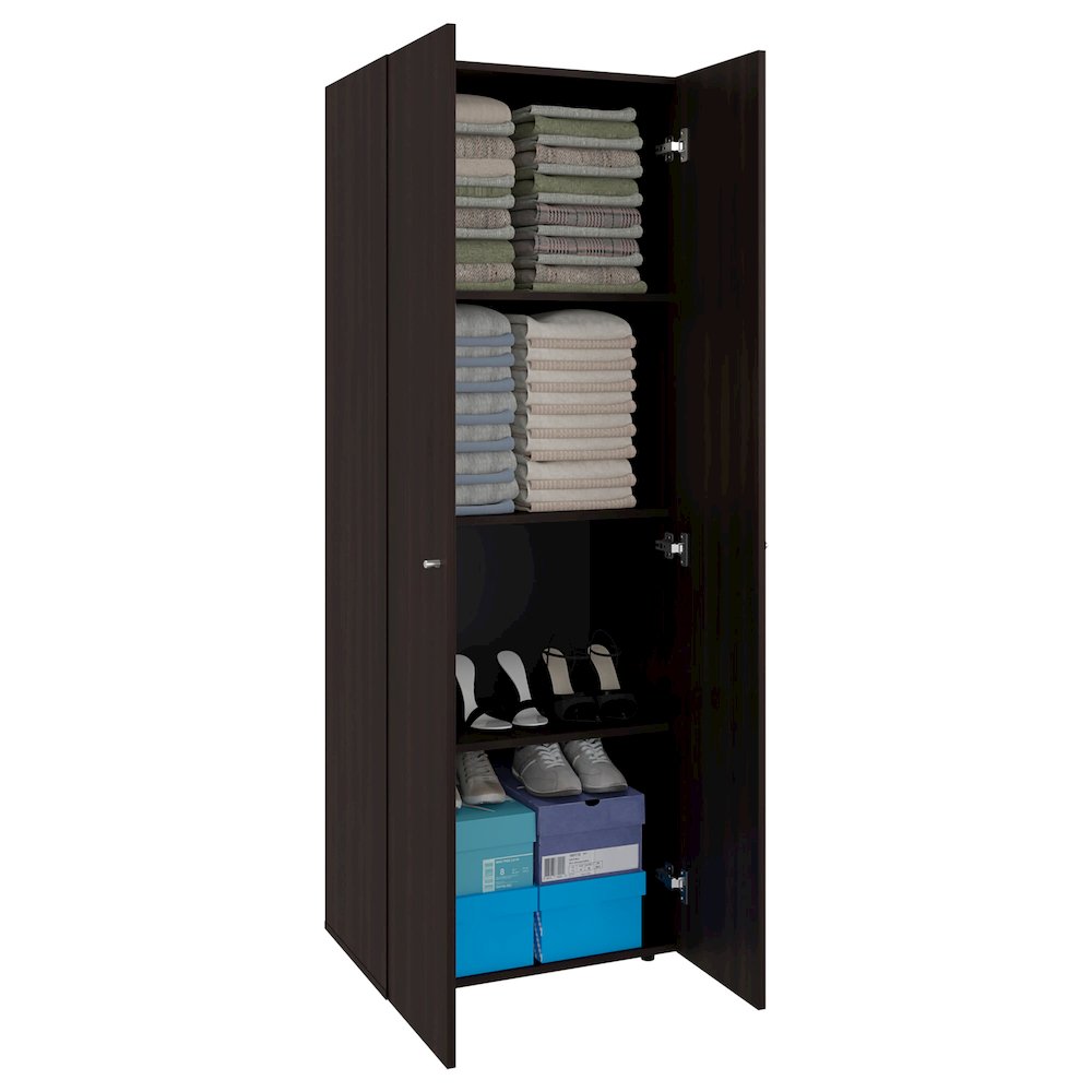2 Door Closet System, Four Fixed Shelves, Compact Wardrobe, Stained Walnut. Picture 1